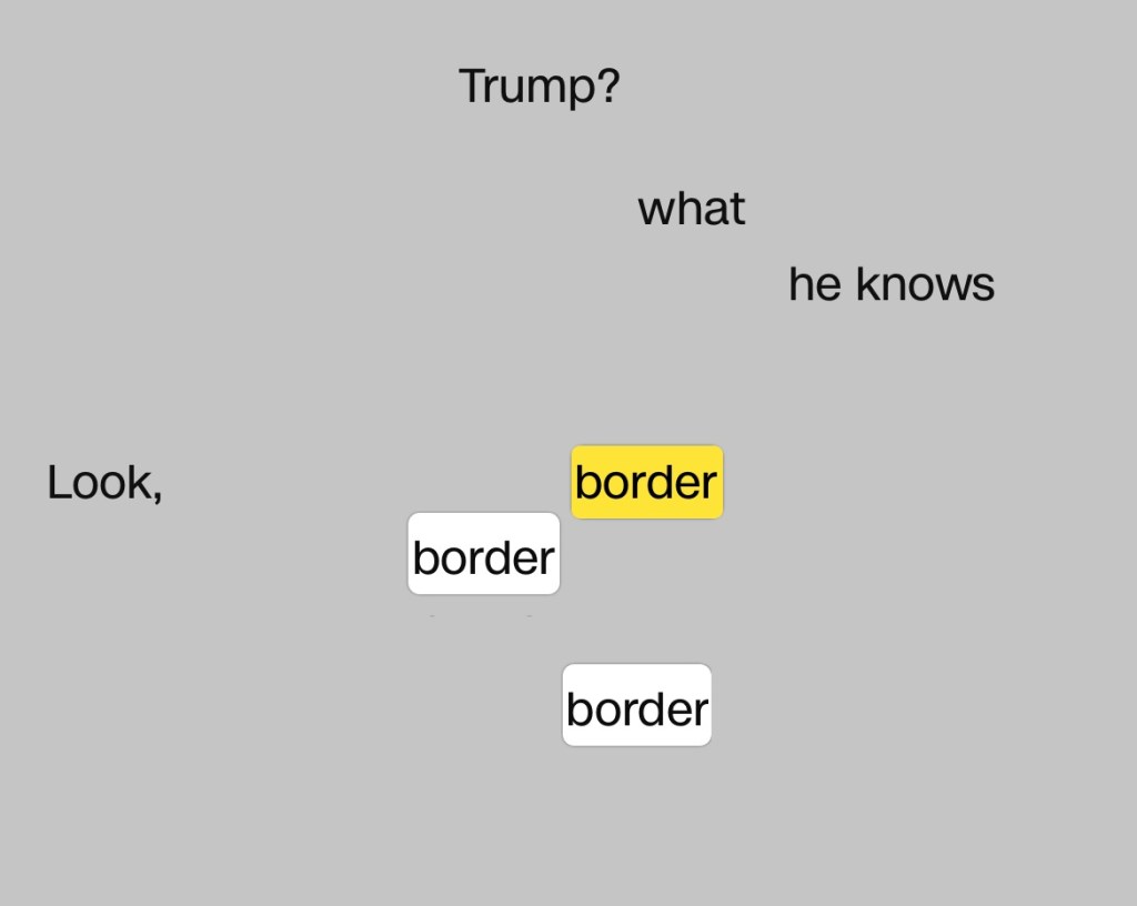 An erasure that reads: Trump? what he knows Look, border border border.